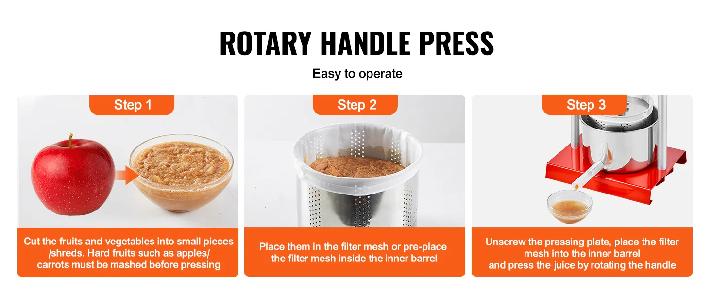 VEVOR fruit wine press step-by-step: apple preparation, filter mesh insertion, and juice extraction.