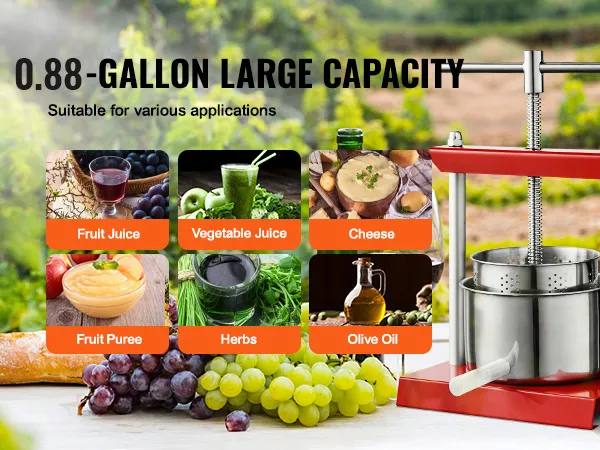 VEVOR fruit wine press with 1.5-gallon capacity, ideal for juices, cheese, puree, herbs, and olive oil.
