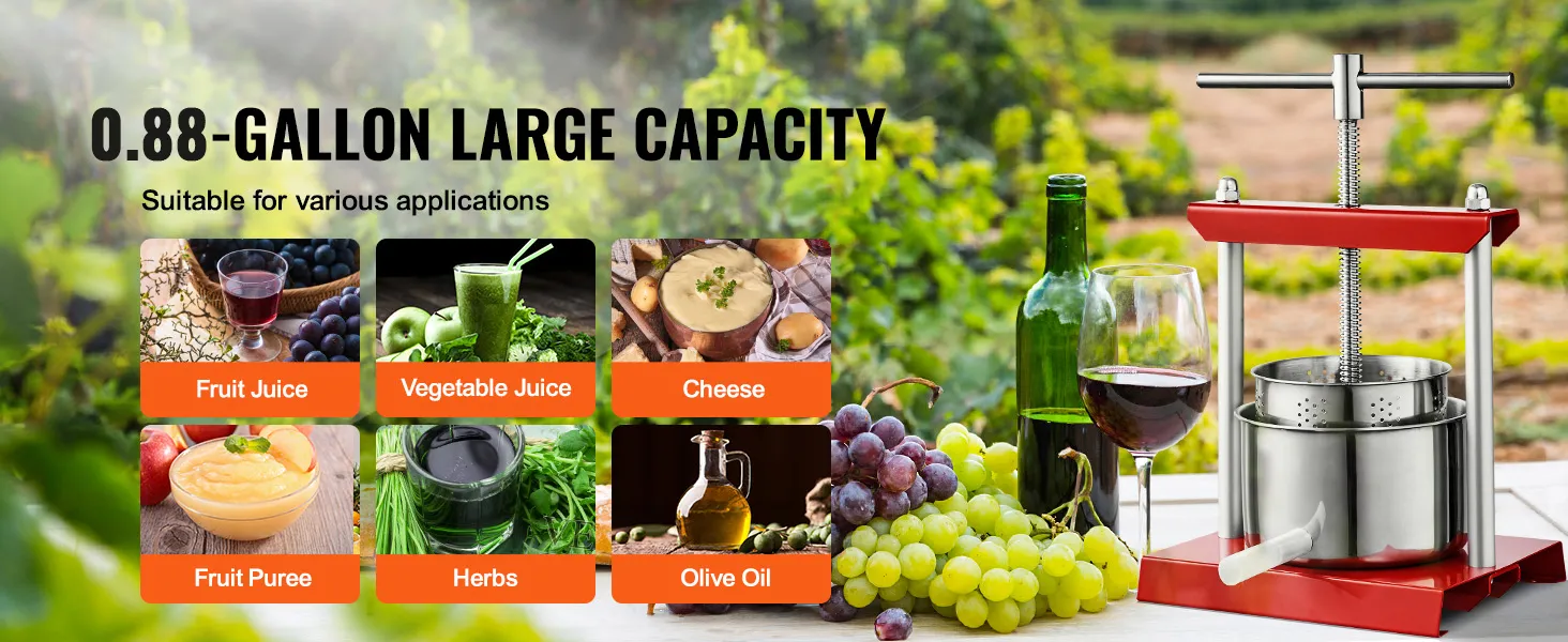 VEVOR fruit wine press with 1.5-gallon capacity, ideal for juices, cheese, puree, herbs, and olive oil.