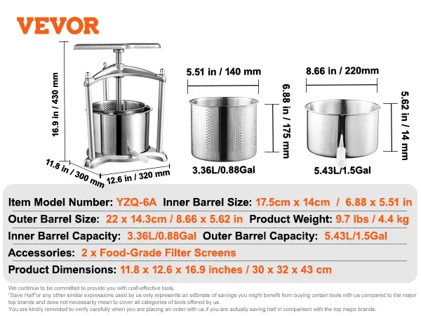VEVOR fruit wine press with dimensions, capacities, and weights, including food-grade filter screens.
