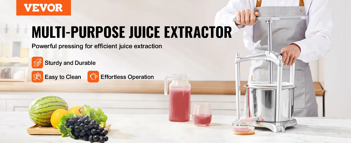 VEVOR fruit wine press for efficient juice extraction, featuring sturdy design and easy cleaning.