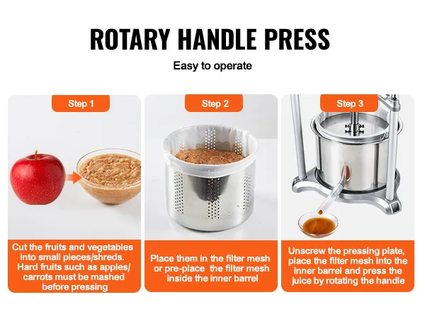 rotary handle press steps for VEVOR fruit wine press: chop fruits, place in mesh, press handle for juice.