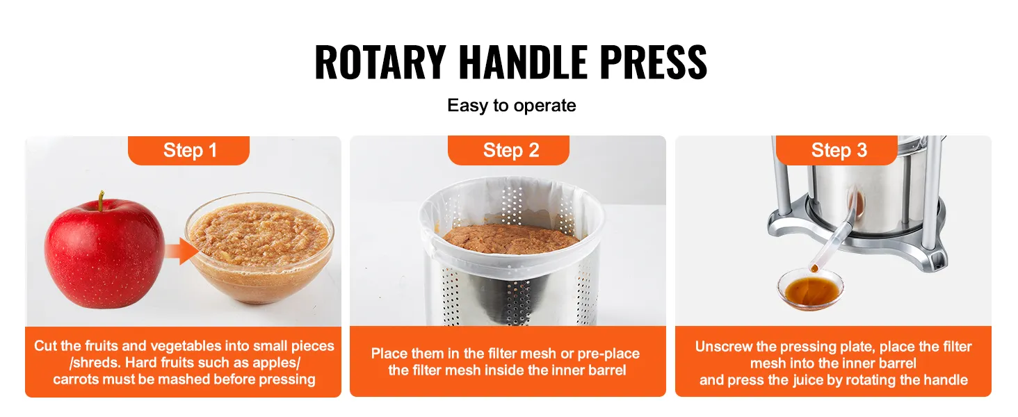 rotary handle press steps for VEVOR fruit wine press: chop fruits, place in mesh, press handle for juice.