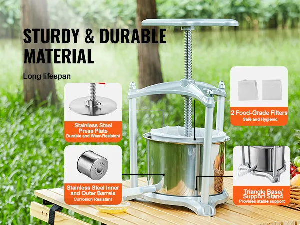 VEVOR fruit wine press, stainless steel, food-grade filters, and triangle base on an outdoor table.