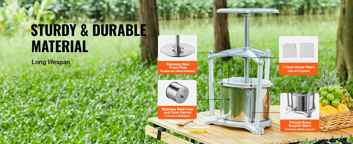 VEVOR fruit wine press, stainless steel, food-grade filters, and triangle base on an outdoor table.