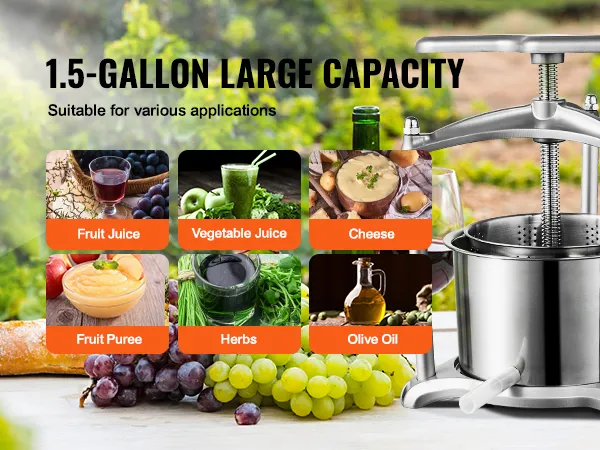 VEVOR fruit wine press with 1.5-gallon capacity, various uses: fruit juice, cheese, herbs, olive oil.