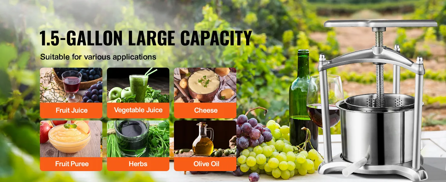 VEVOR fruit wine press with 1.5-gallon capacity, various uses: fruit juice, cheese, herbs, olive oil.
