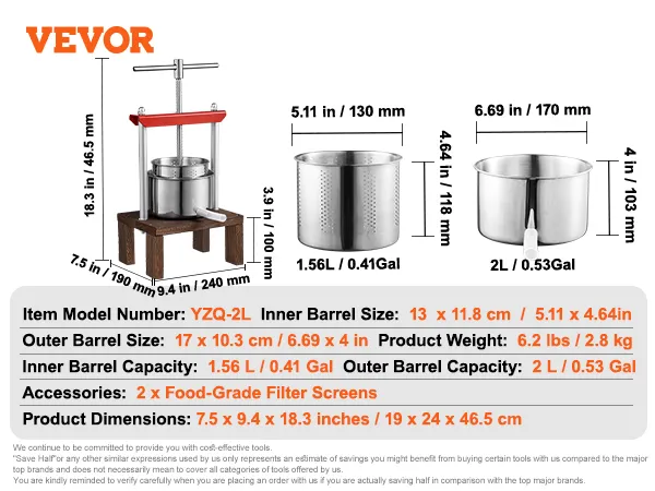 VEVOR fruitwijnpers yzq-2l met een capaciteit van 2l en 2 filterzeven van voedingskwaliteit; afmetingen inbegrepen.