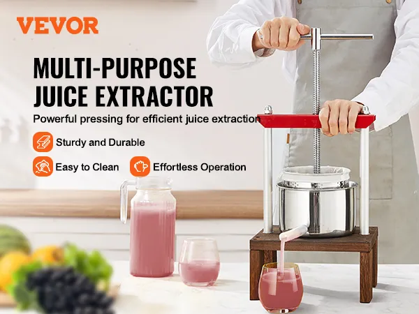 VEVOR fruitwijnpers voor efficiënte sapwinning, eenvoudig te reinigen, robuust en duurzaam.