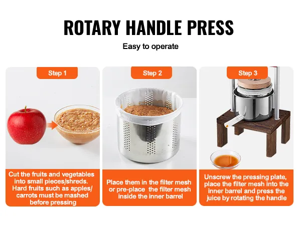 VEVOR fruitwijnpers stappen: snijd het fruit, doe het in het filter en pers het sap door de hendel te draaien.