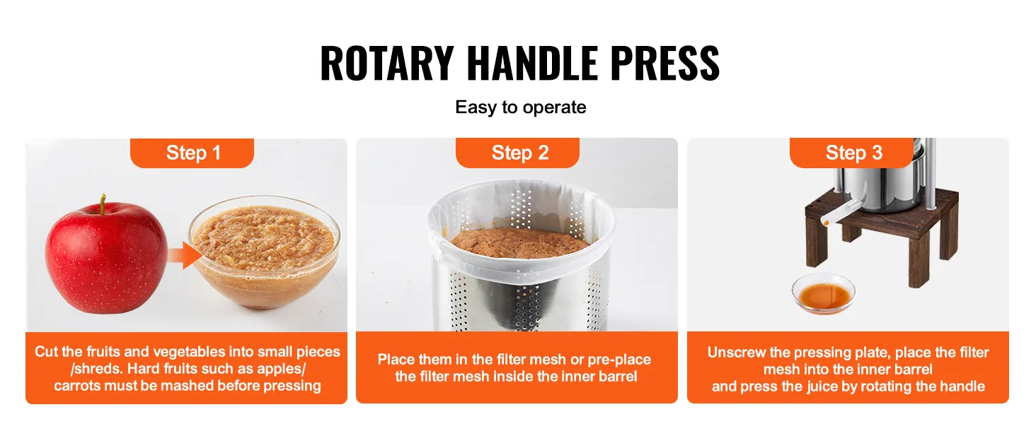 VEVOR fruit wine press steps: cut fruits, place in filter mesh, press juice by rotating handle.