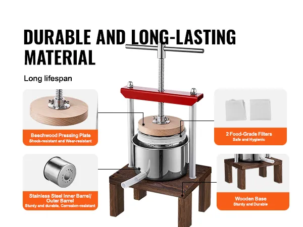 VEVOR fruitwijnpers met beukenhouten persplaat, roestvrijstalen vat en houten onderstel.