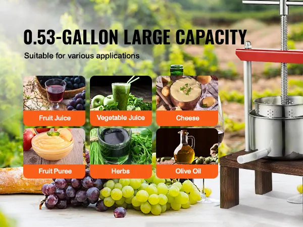 VEVOR fruitwijnpers: capaciteit van 0,53 gallon, veelzijdig voor het extraheren van sap, puree, kruiden, kaas en olie.