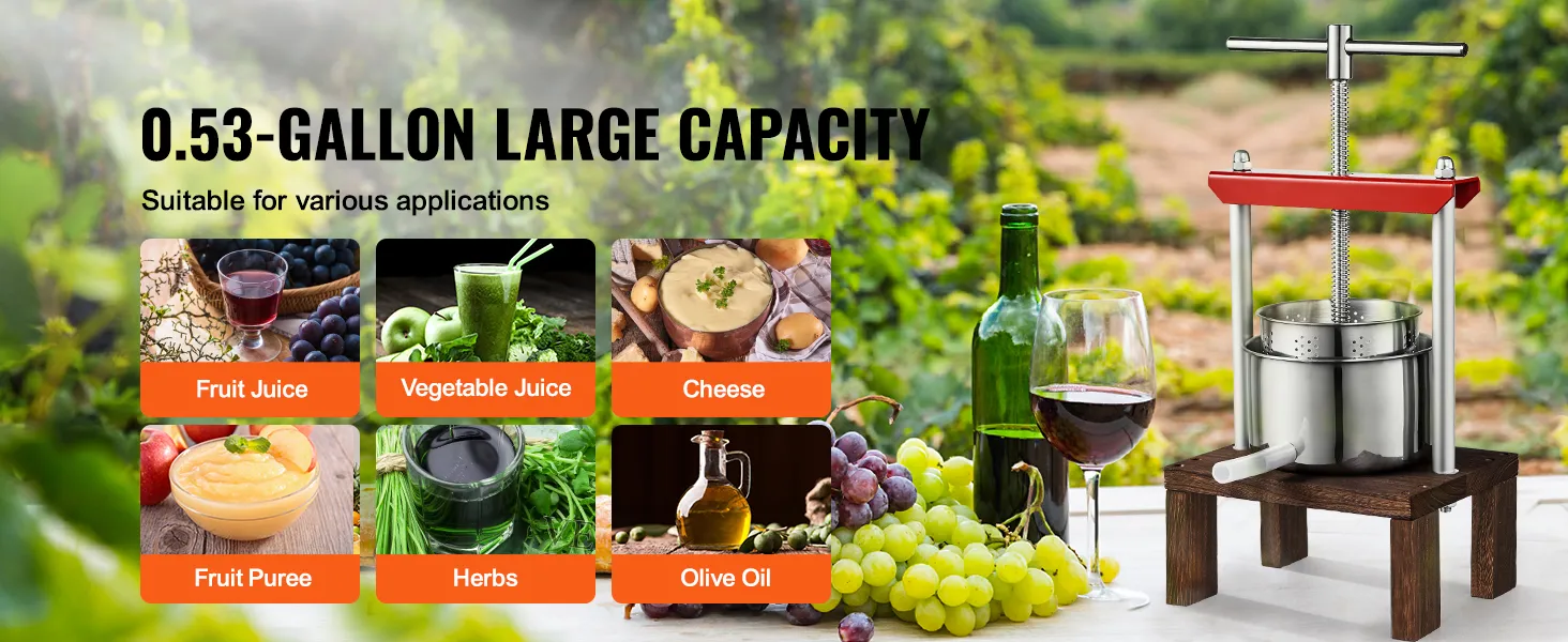 VEVOR fruit wine press: 0.53-gallon capacity, versatile for juice, puree, herbs, cheese, and oil extraction.