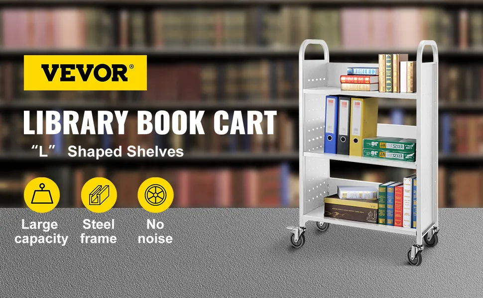 Carro de libros VEVOR con estantes en forma de "L" en configuración de biblioteca, estantes de gran capacidad.