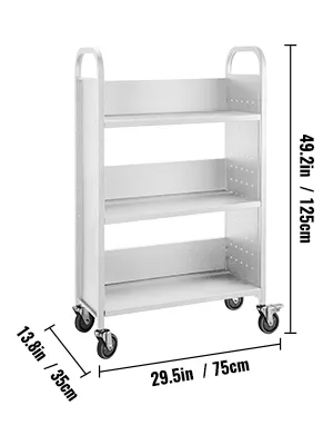 Carrito para libros VEVOR con tres estantes y ruedas giratorias, medidas 49,2 x 29,5 x 13,8 pulgadas.