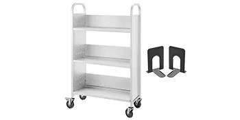 Carrito para libros VEVOR blanco con tres estantes y sujetalibros negros.