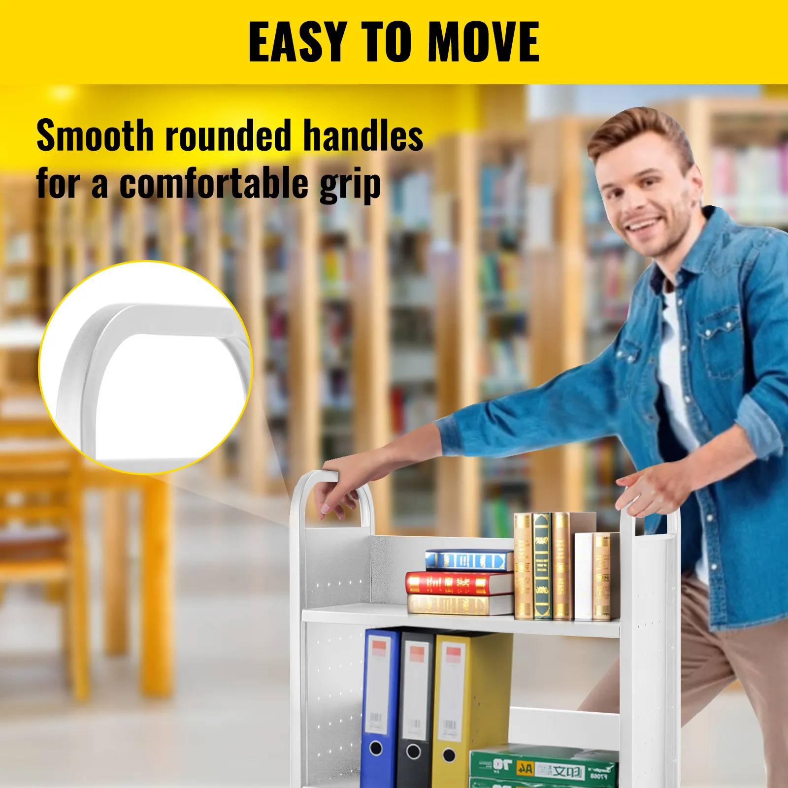 Carro de libros VEVOR con asas suaves y redondeadas para un agarre cómodo en un entorno de biblioteca.