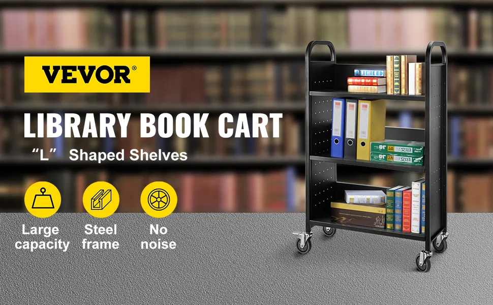 VEVOR book cart with l-shaped shelves for large capacity, steel frame, and noiseless wheels in a library setting.