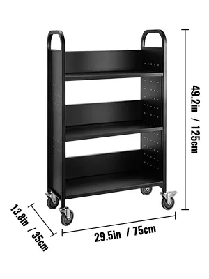 black VEVOR book cart with three shelves, four wheels, and dimensions marked.
