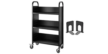 black VEVOR book cart with three shelves and attached wheels, includes two black bookends.