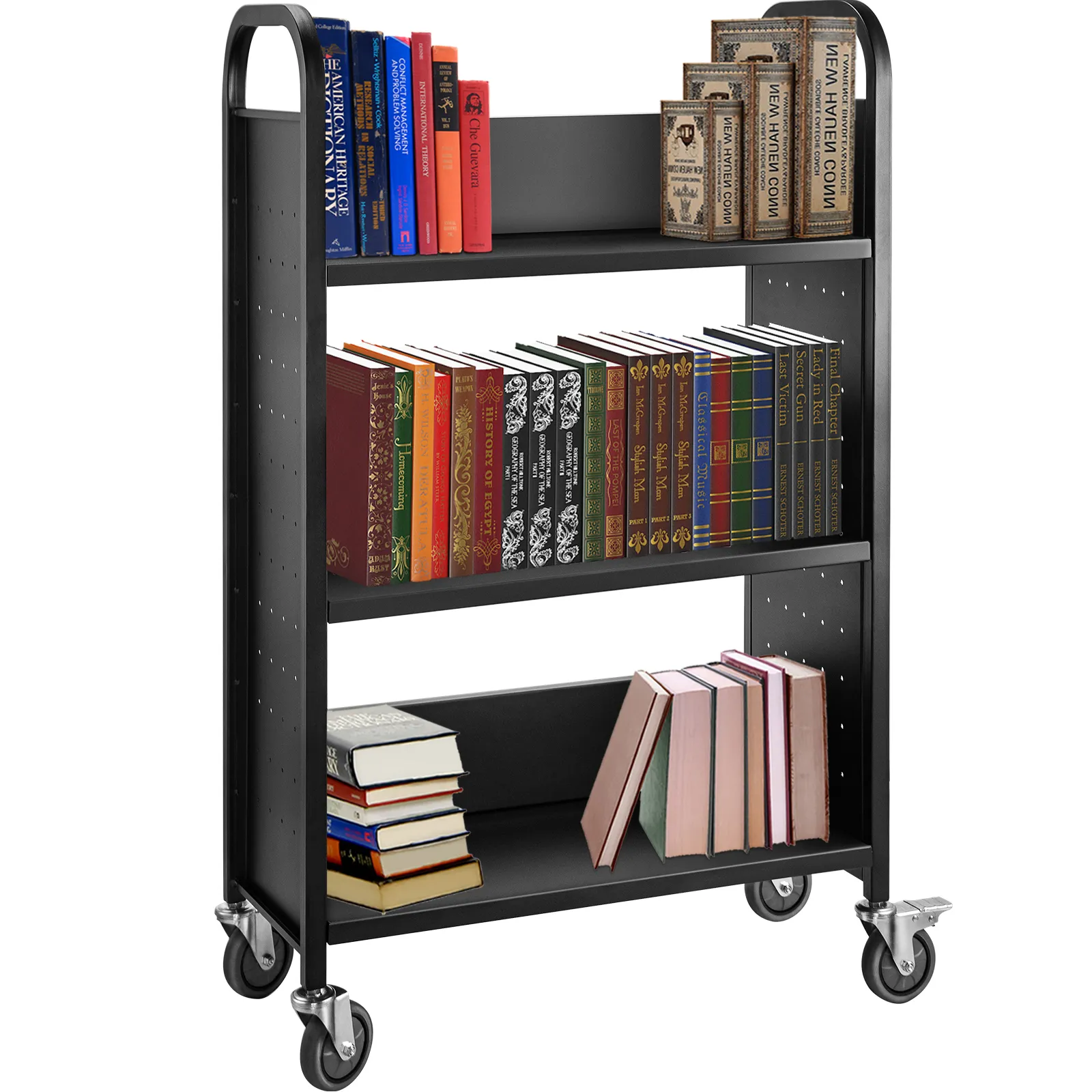 VEVOR book cart with three shelves filled with assorted colorful books on wheels.