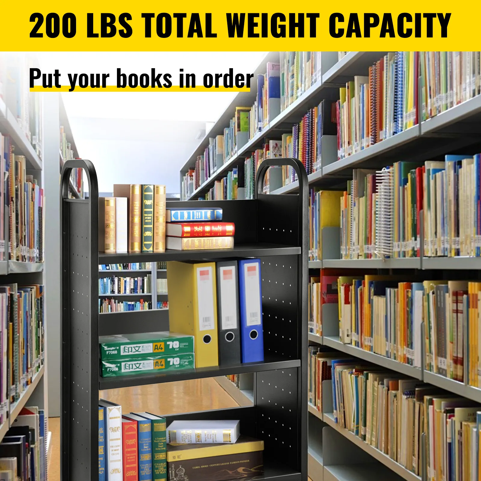 library aisle with a VEVOR book cart holding books and binders, 200 lbs capacity.