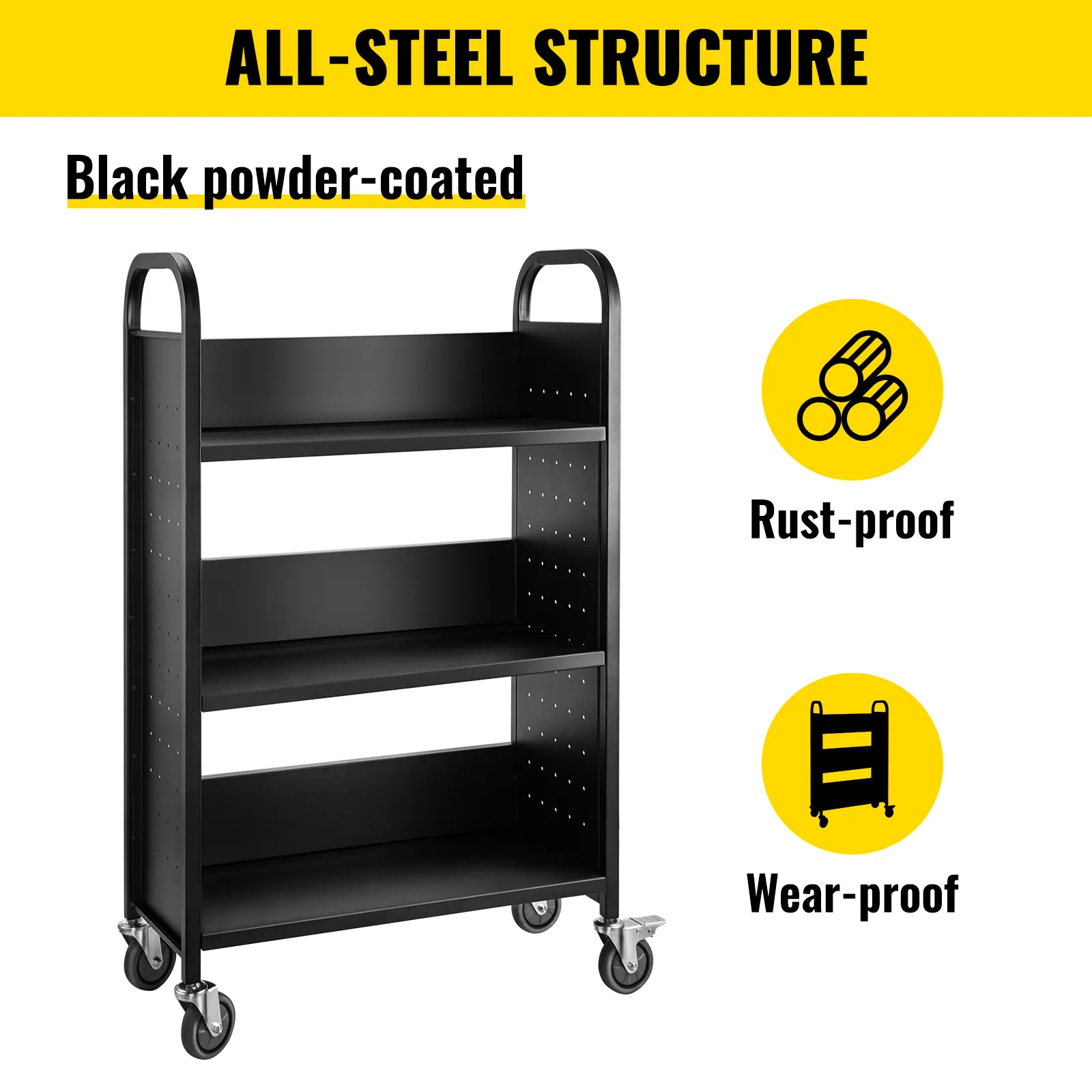 VEVOR book cart with all-steel rust-proof and wear-proof black powder-coated design.