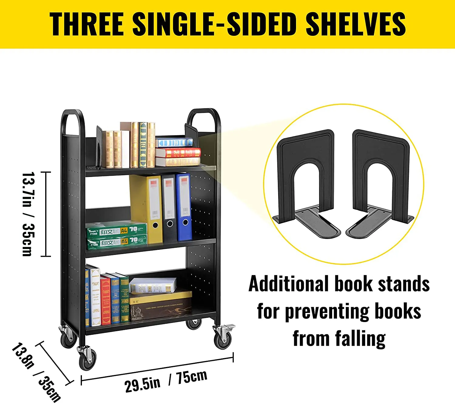 VEVOR book cart with three single-sided shelves and additional book stands.