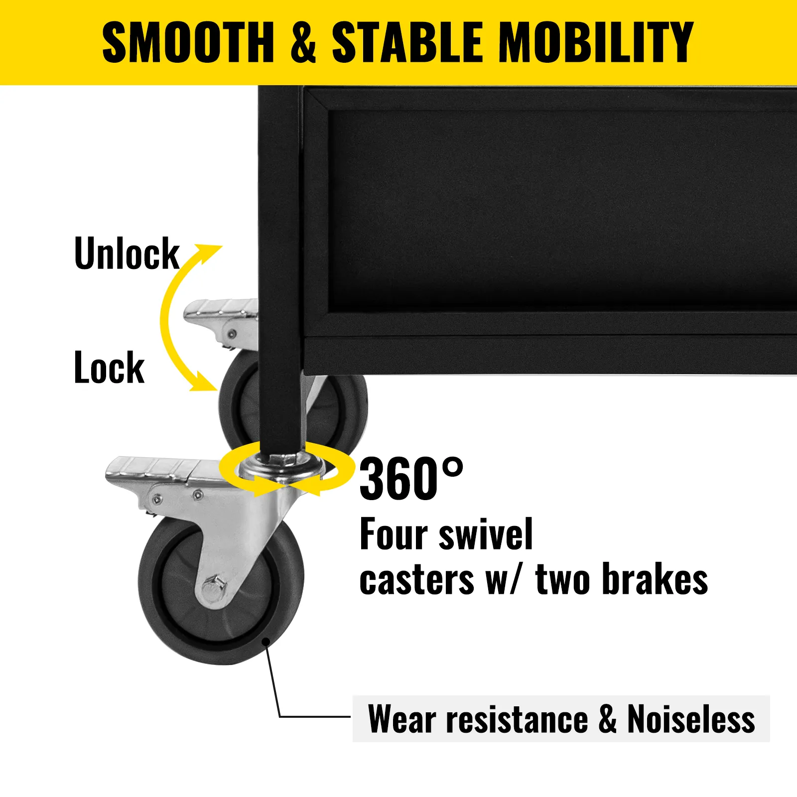 VEVOR book cart with 360° swivel casters, brakes, wear resistance, and noiseless mobility.