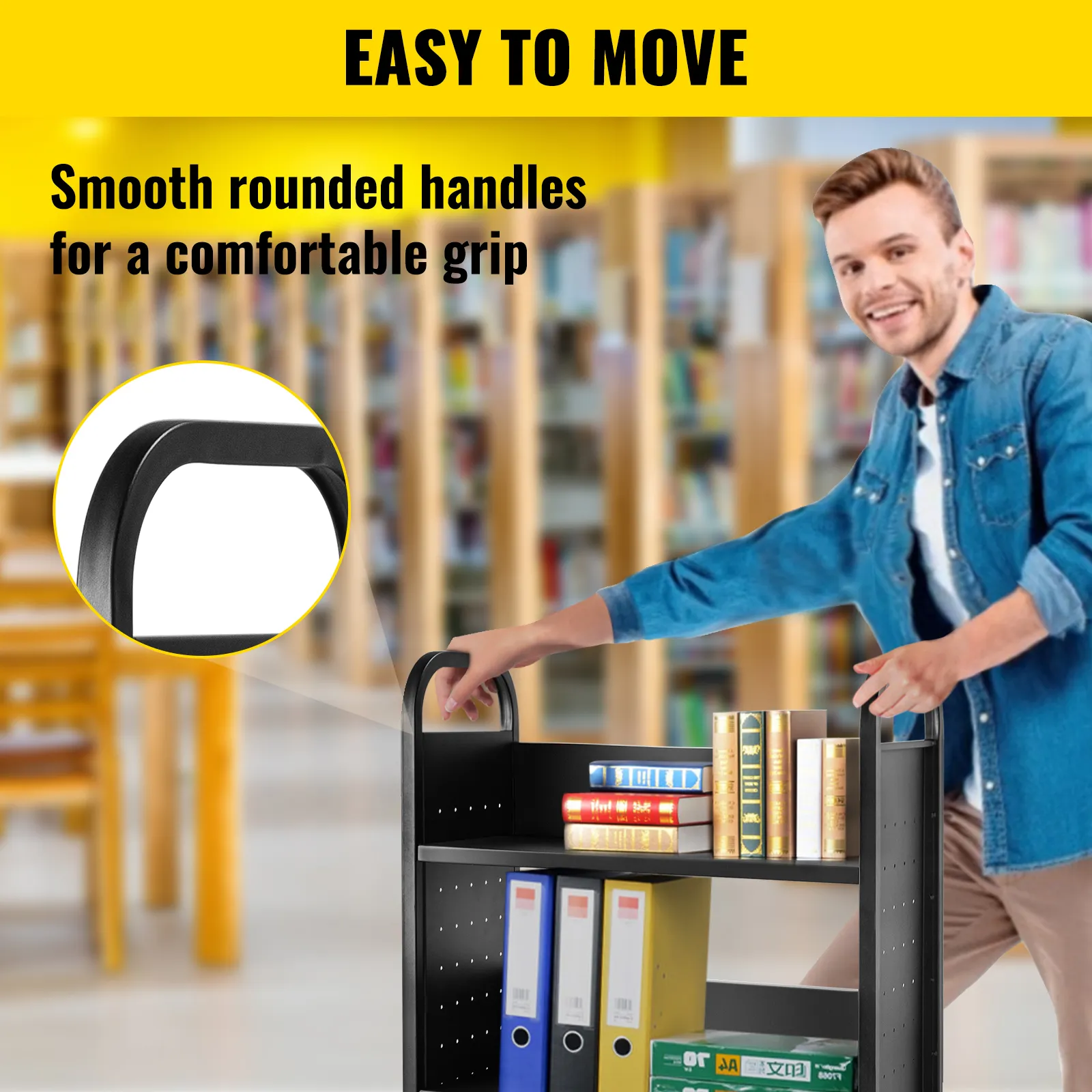 VEVOR book cart with smooth rounded handles, easy to move, filled with books and folders.
