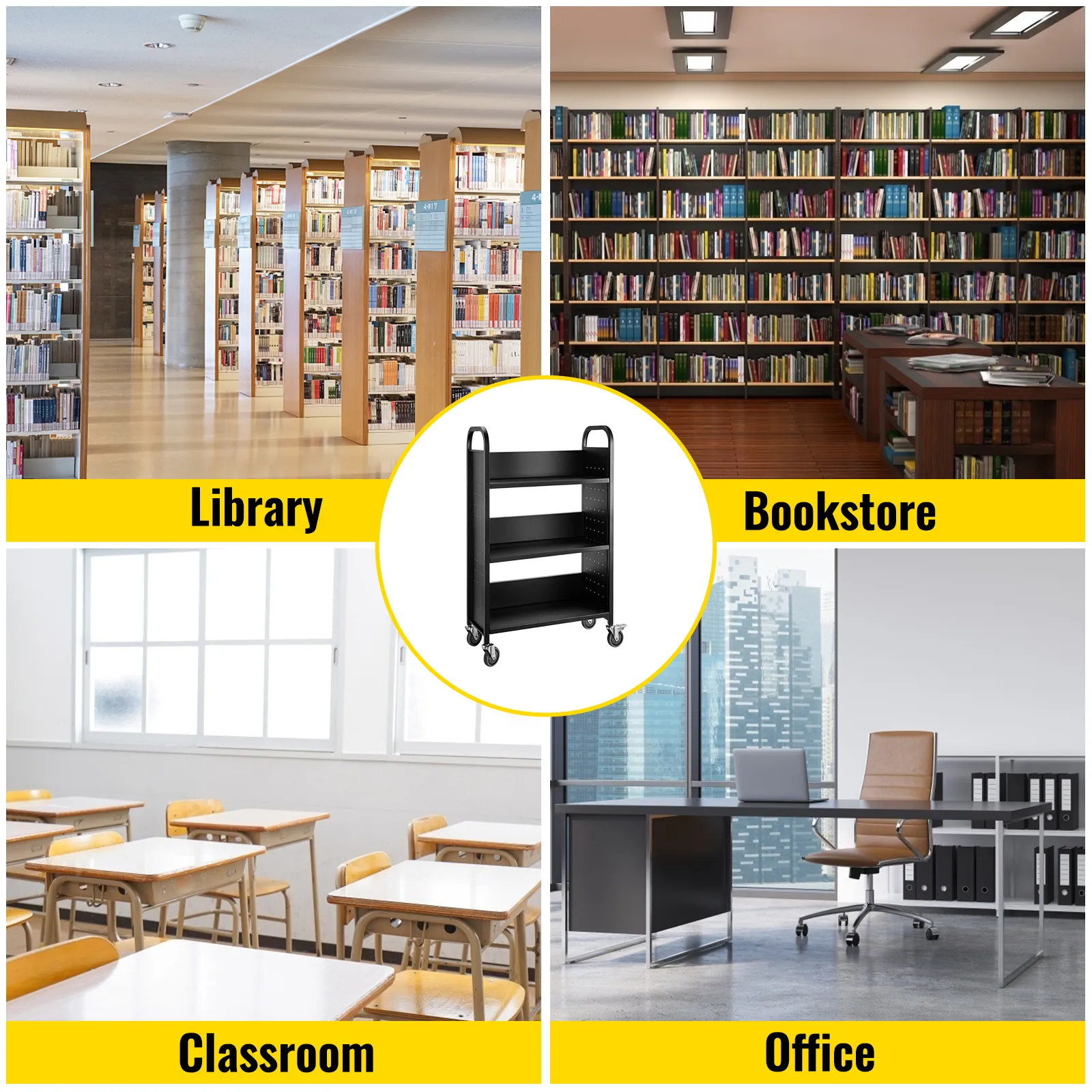 VEVOR book cart in library, bookstore, classroom, and office environments.