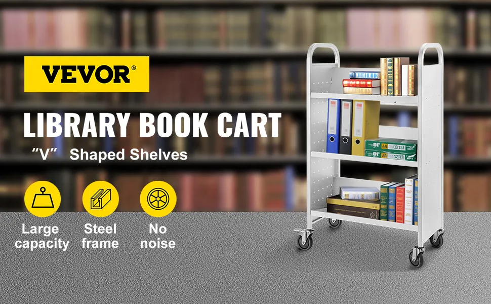 VEVOR-Bücherwagen mit V-förmigen Regalen, Stahlrahmen, großer Kapazität und geräuschlosen Rädern.