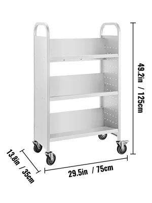 VEVOR-Bücherwagen mit drei Regalen, Maße 125 x 75 x 35 cm, auf Rädern.