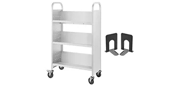 VEVOR-Bücherwagen mit drei Regalen und Lenkrollen, inklusive zwei schwarzen Buchstützen.