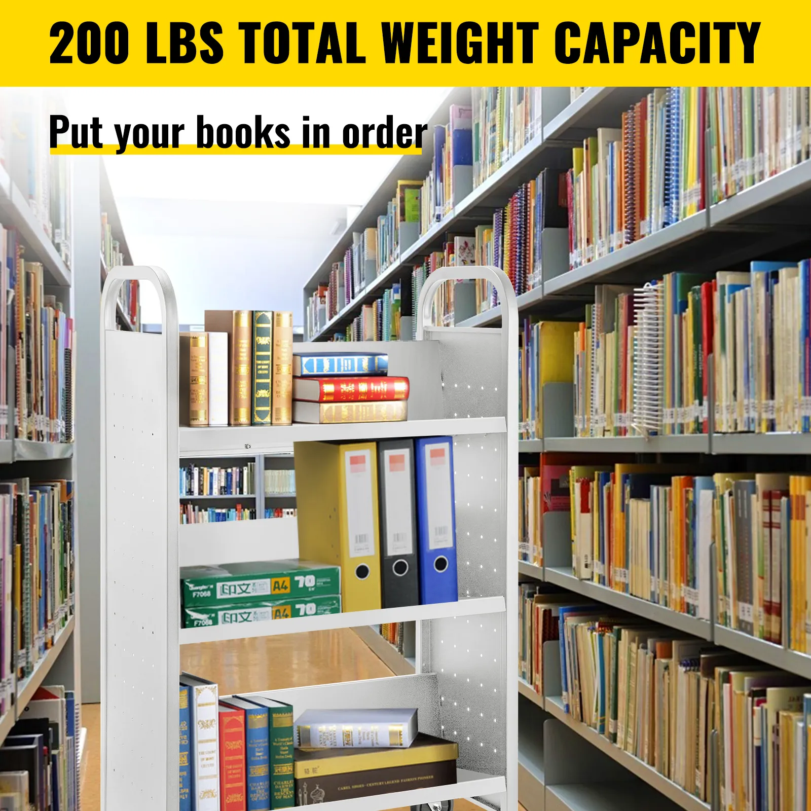VEVOR-Bücherwagen in einer Bibliothek mit einer Tragfähigkeit von 200 Pfund zum Ordnen von Büchern und Ordnern.