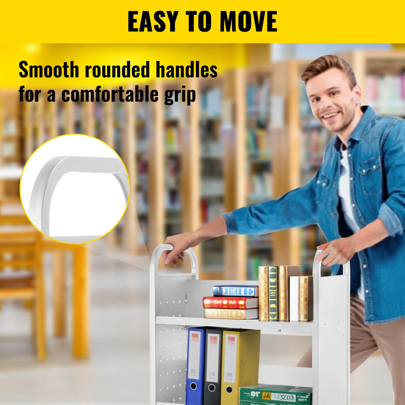 VEVOR-Bücherwagen mit glatten, abgerundeten Griffen für bequemes Halten in einer Bibliothek.