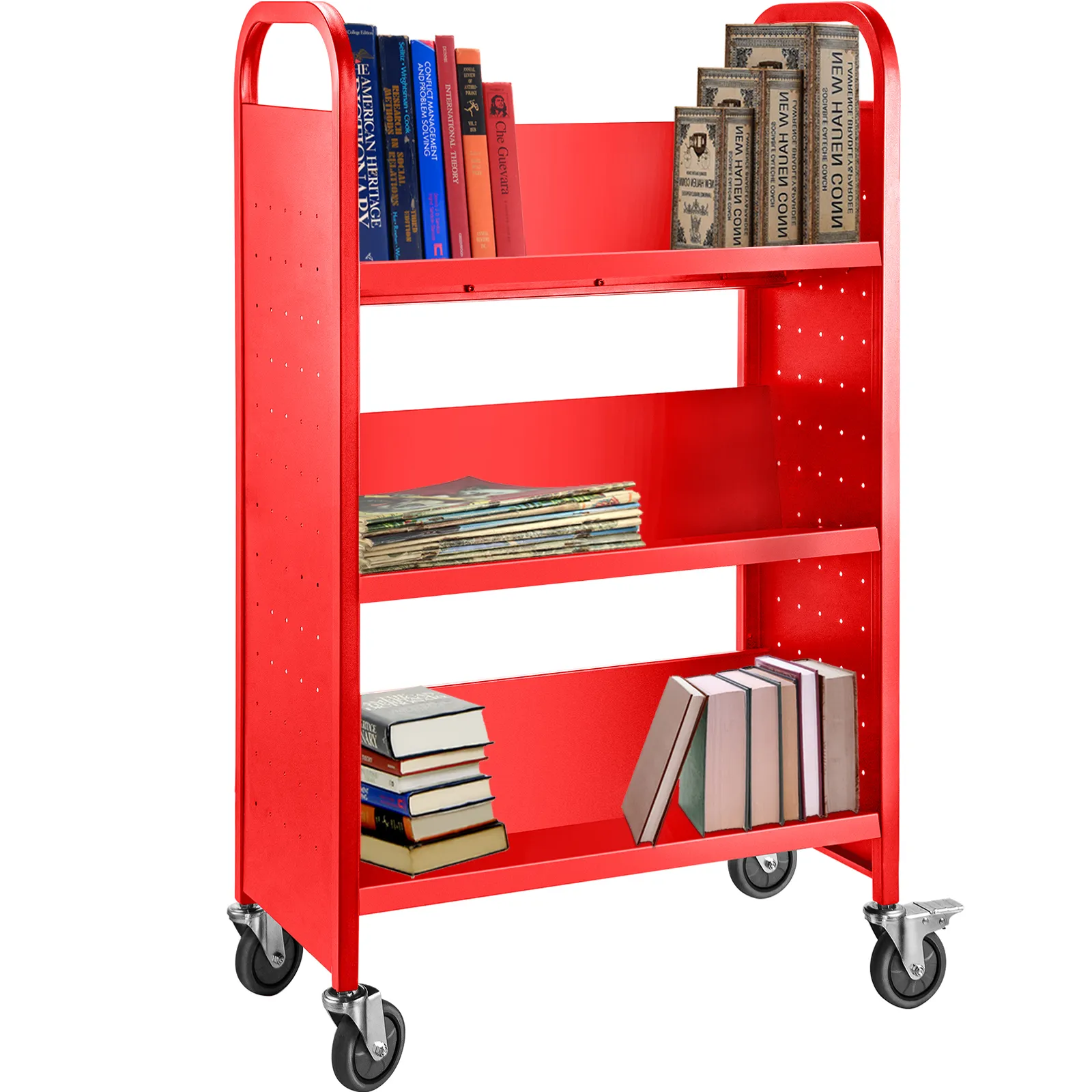 Yeeoy Rolling Book Cart, 300lbs Library Book Cart, 3 Tier Book Truck Single Sided L-Shaped Flat Shelves With Swivel Lockable Casters For Home Book Shelves, Offices, School