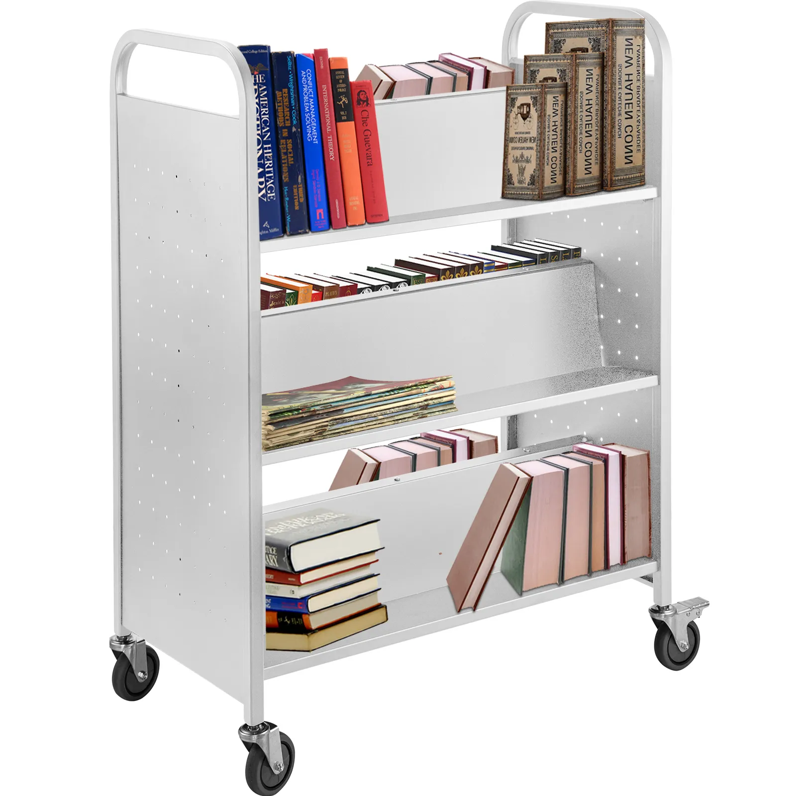 VEVOR book cart with three shelves holding assorted books and magazines on wheels.