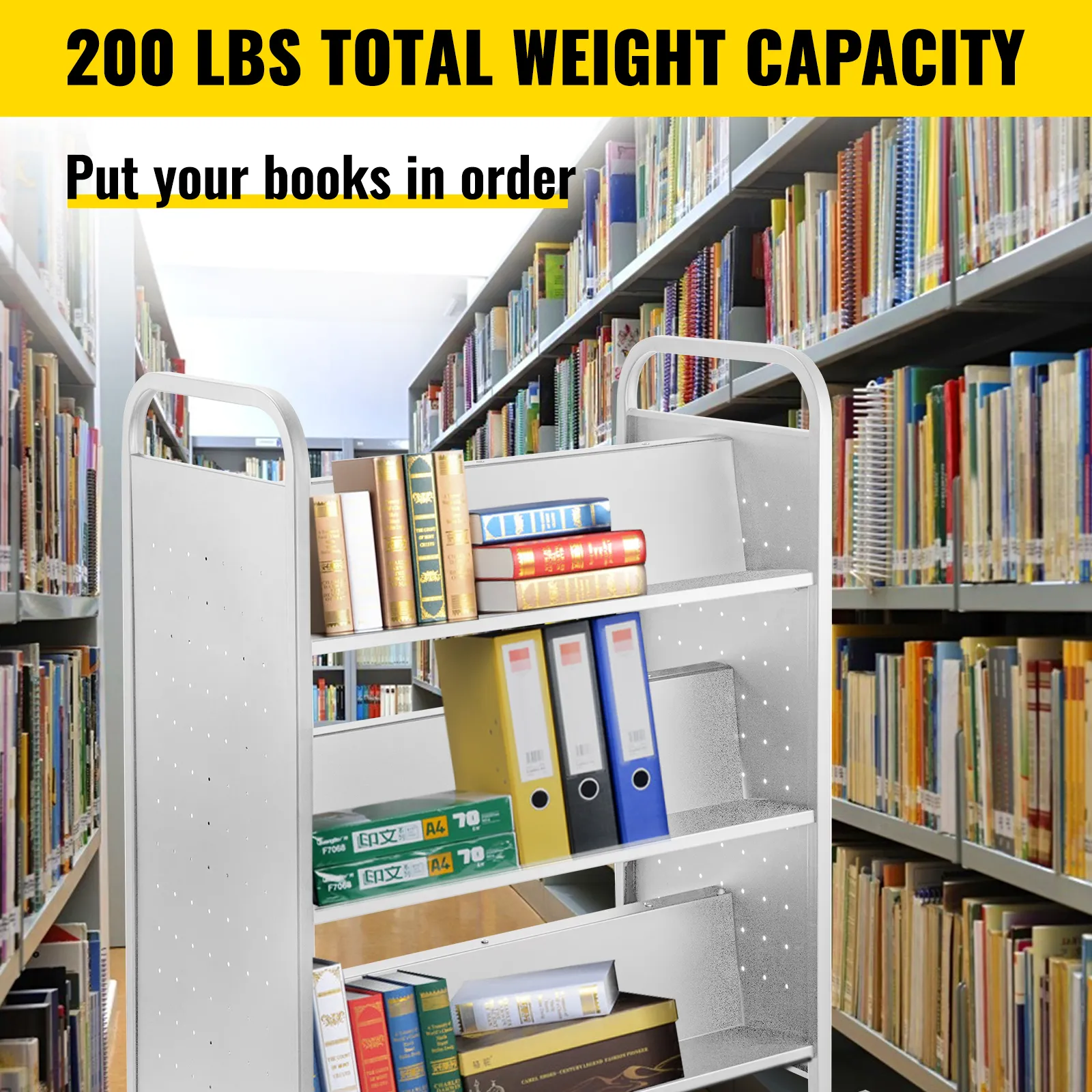 VEVOR book cart in a library aisle with books and folders, 200 lbs weight capacity.