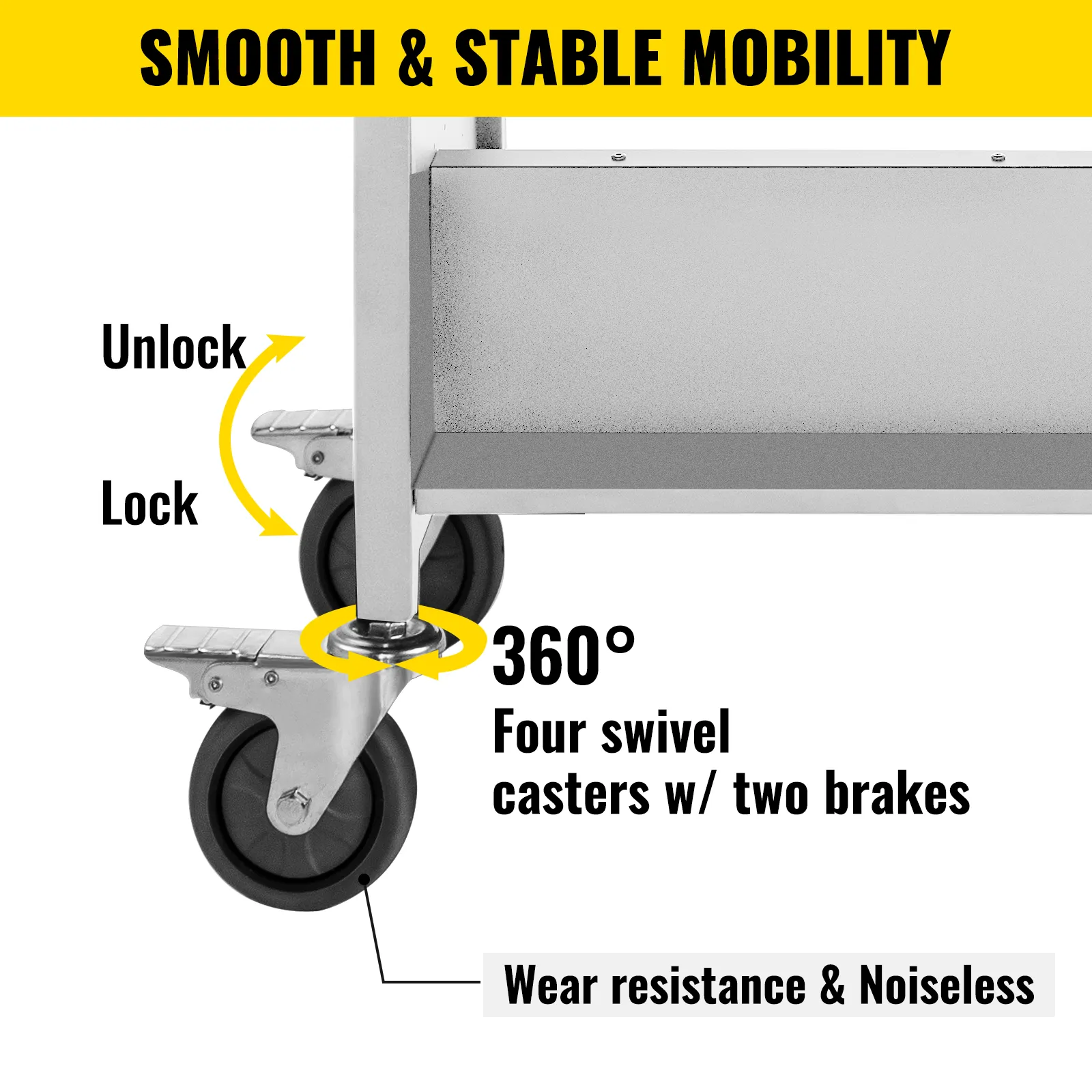 VEVOR book cart with 360° swivel casters, two brakes, and wear-resistant wheels.