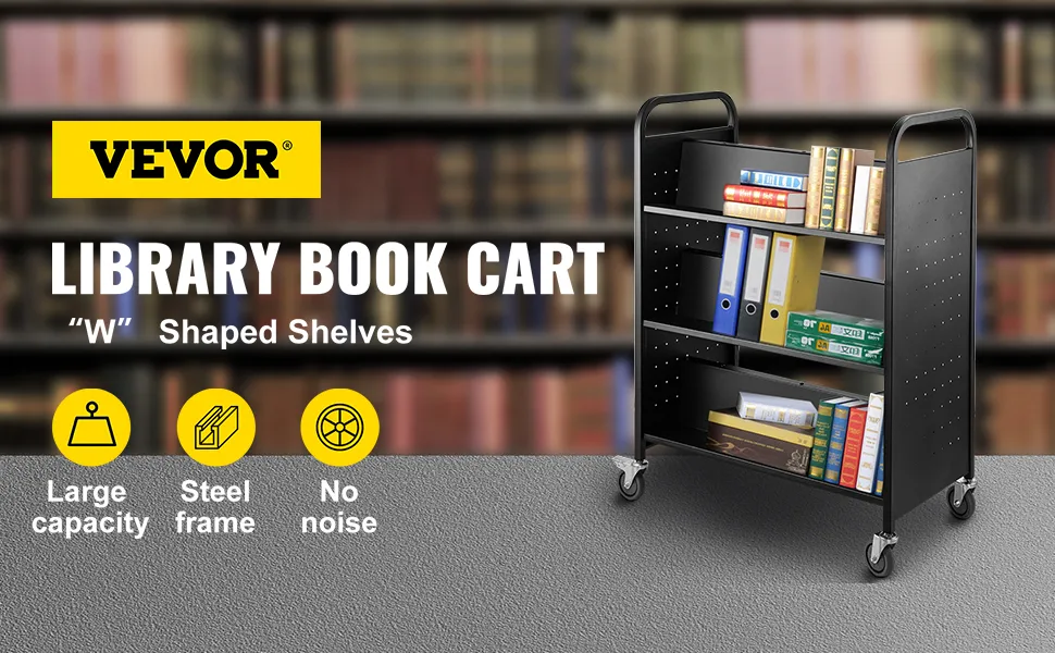 VEVOR book cart with large capacity and steel frame, featuring "w" shaped shelves.