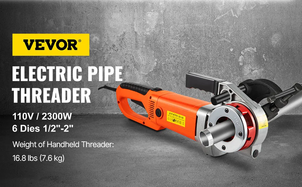 Roscadora de tubos eléctrica VEVOR, 110v 2300w, con 6 terrajas de 1/2"-2", contra hormigón.