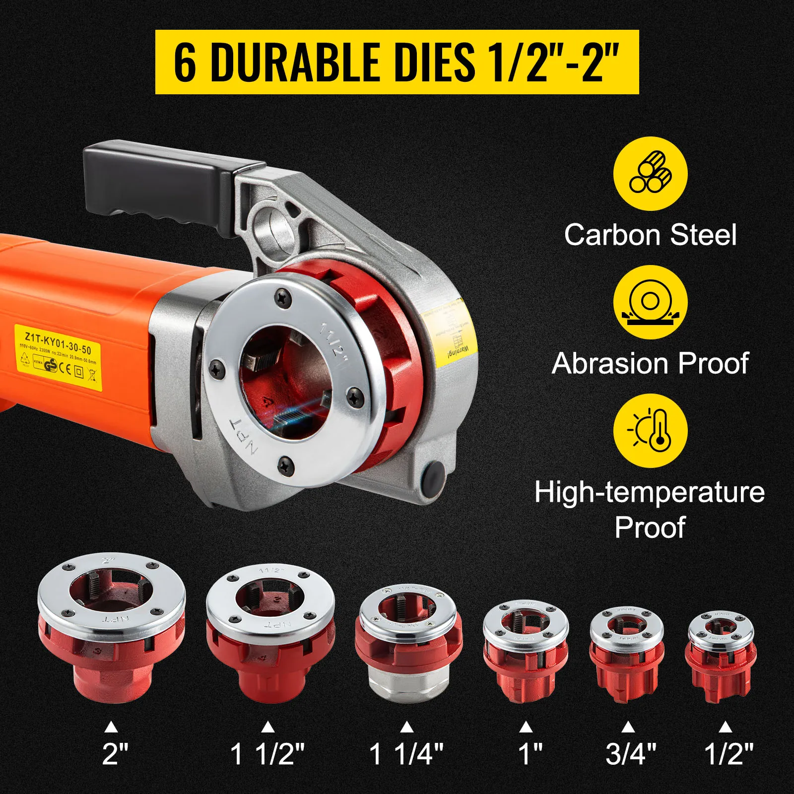 Roscadora de tubos eléctrica VEVOR con 6 terrajas de 1/2" a 2", acero al carbono, resistente a la abrasión.