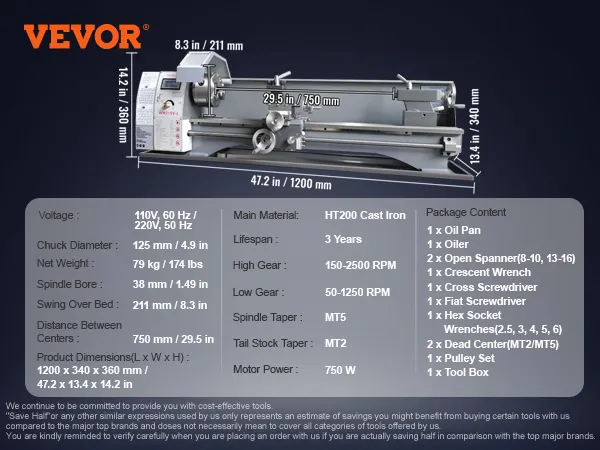 VEVOR metal lathe with ht200 cast iron, 750w motor, rpm ranges 150-2500, and 29.5 in between centers.