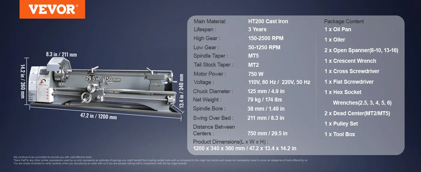 VEVOR metal lathe with ht200 cast iron, 750w motor, rpm ranges 150-2500, and 29.5 in between centers.