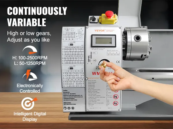 VEVOR metal lathe with adjustable speeds, digital display, and electronically controlled settings.