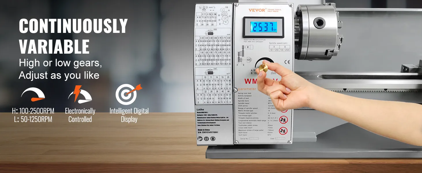 VEVOR metal lathe with adjustable speeds, digital display, and electronically controlled settings.