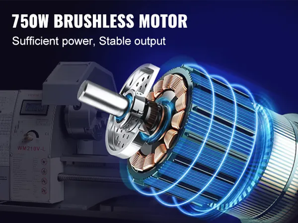VEVOR metal lathe with 750w brushless motor for sufficient power and stable output.
