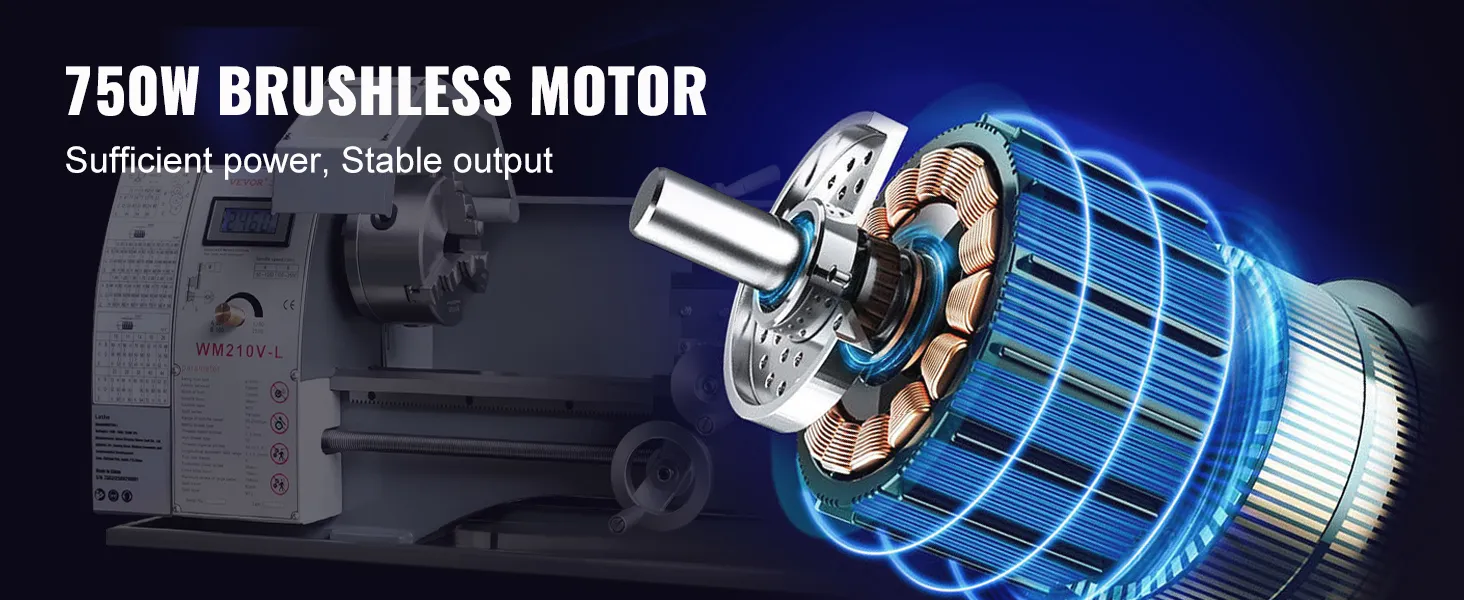 VEVOR metal lathe with 750w brushless motor for sufficient power and stable output.